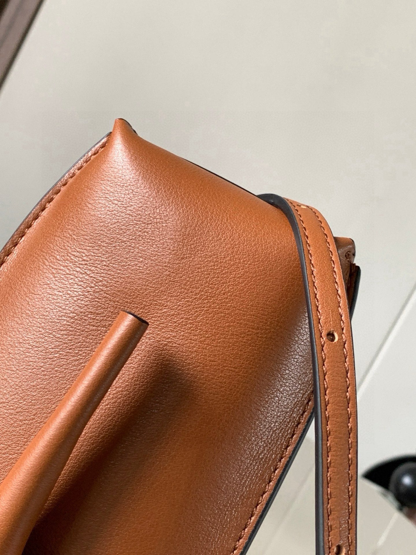 Loewe leather crossbody bag detail, tan-brown with stitched trim and strap loop