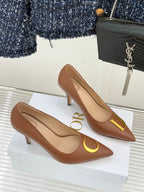 Dior ladies' tan pointed-toe pumps with slim heels and gold O emblem
