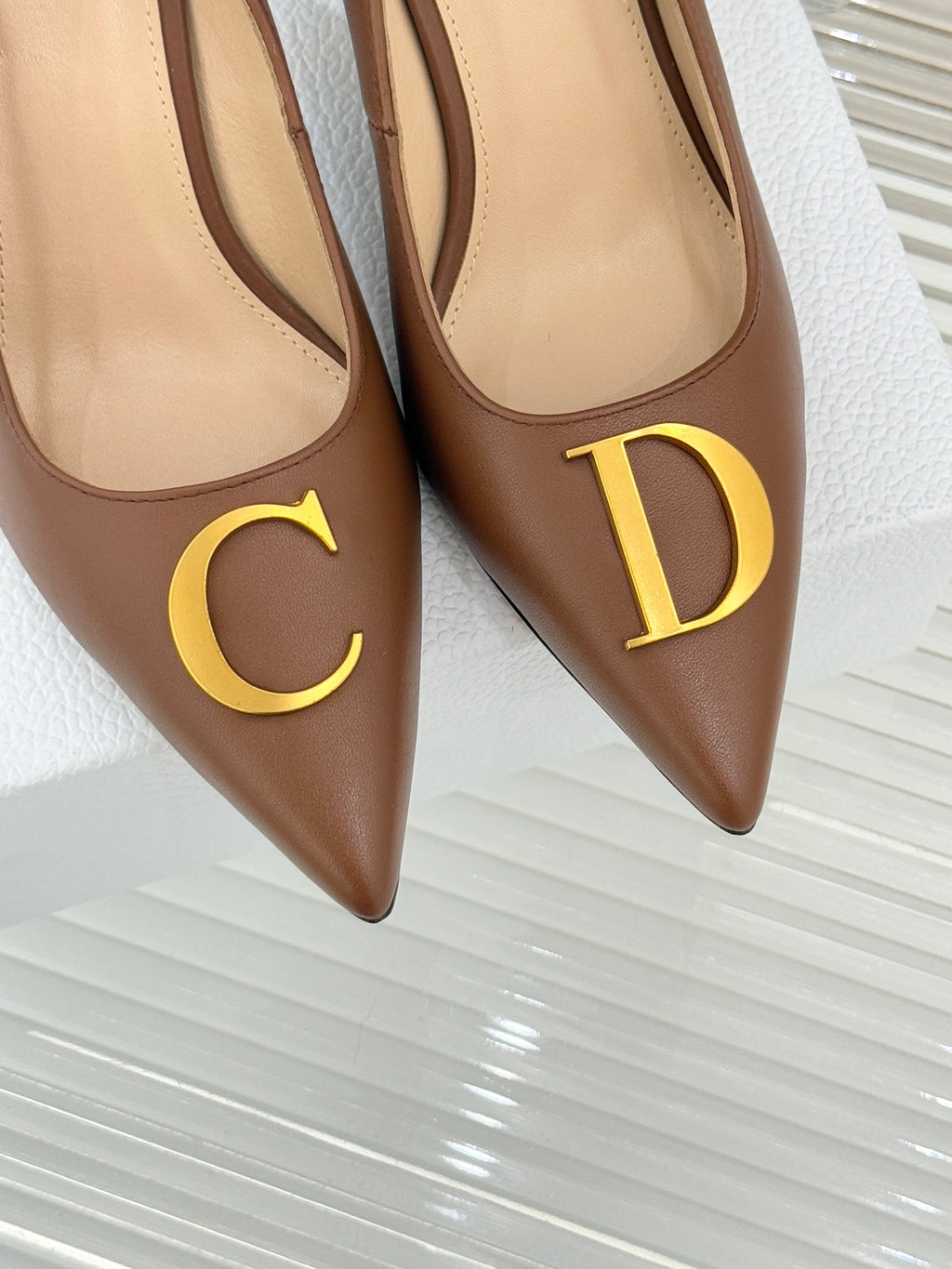 Dior ladies' tan pumps close-up with gold C and D motifs on pointed toes