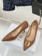 Dior ladies' tan pumps with pointed toe, slim heel, and gold C motif detail