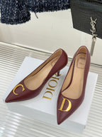 Maroon pointed-toe stiletto pumps on white display, gold logo accents