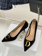 Black suede stiletto pumps on white box with Dior branding