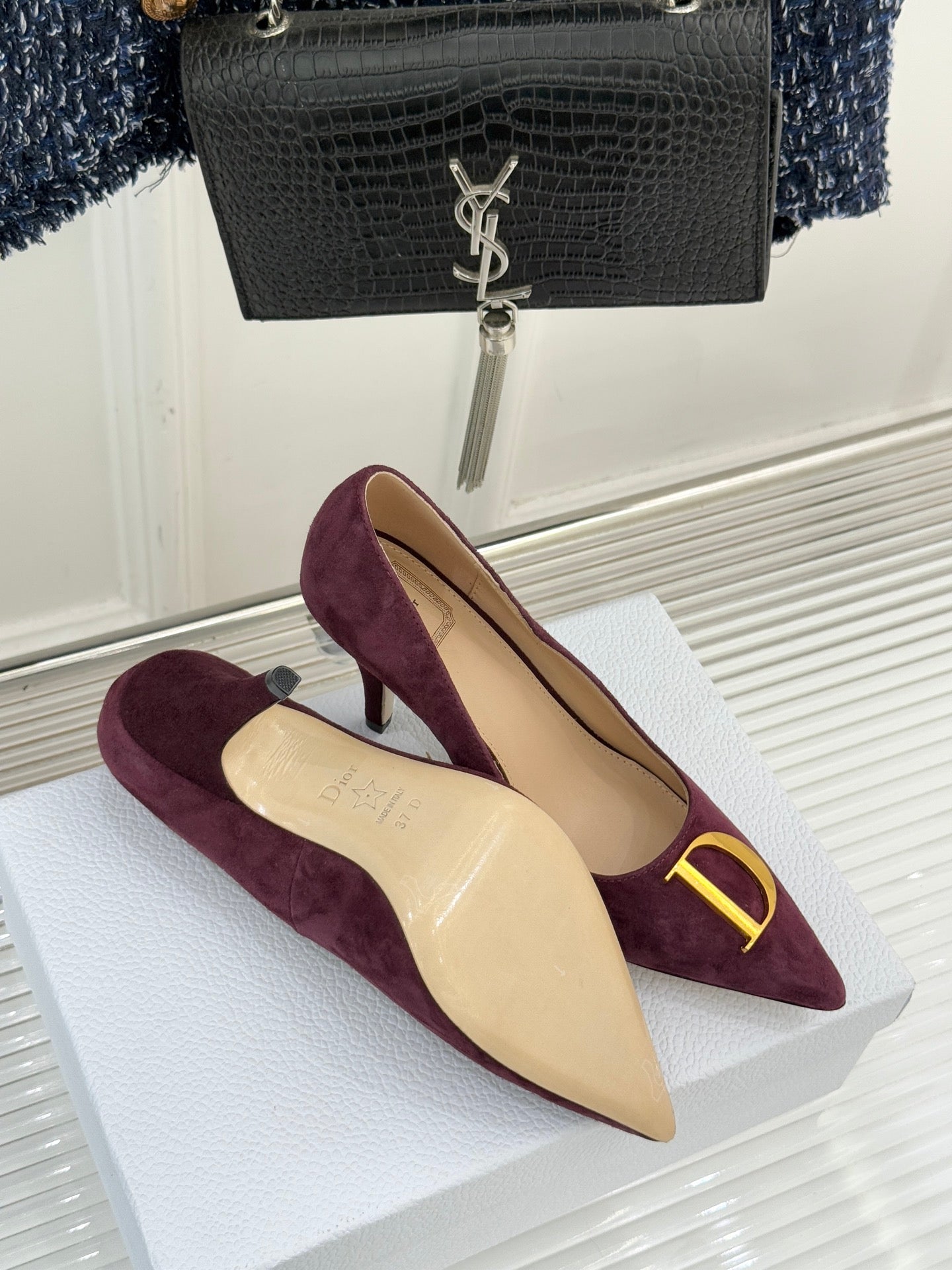Dior ladies suede pumps, pointed toe, slim heel, burgundy with gold D logo accent