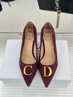 Dior ladies suede pumps, pointed toe, slim heel, burgundy with gold D logo detail