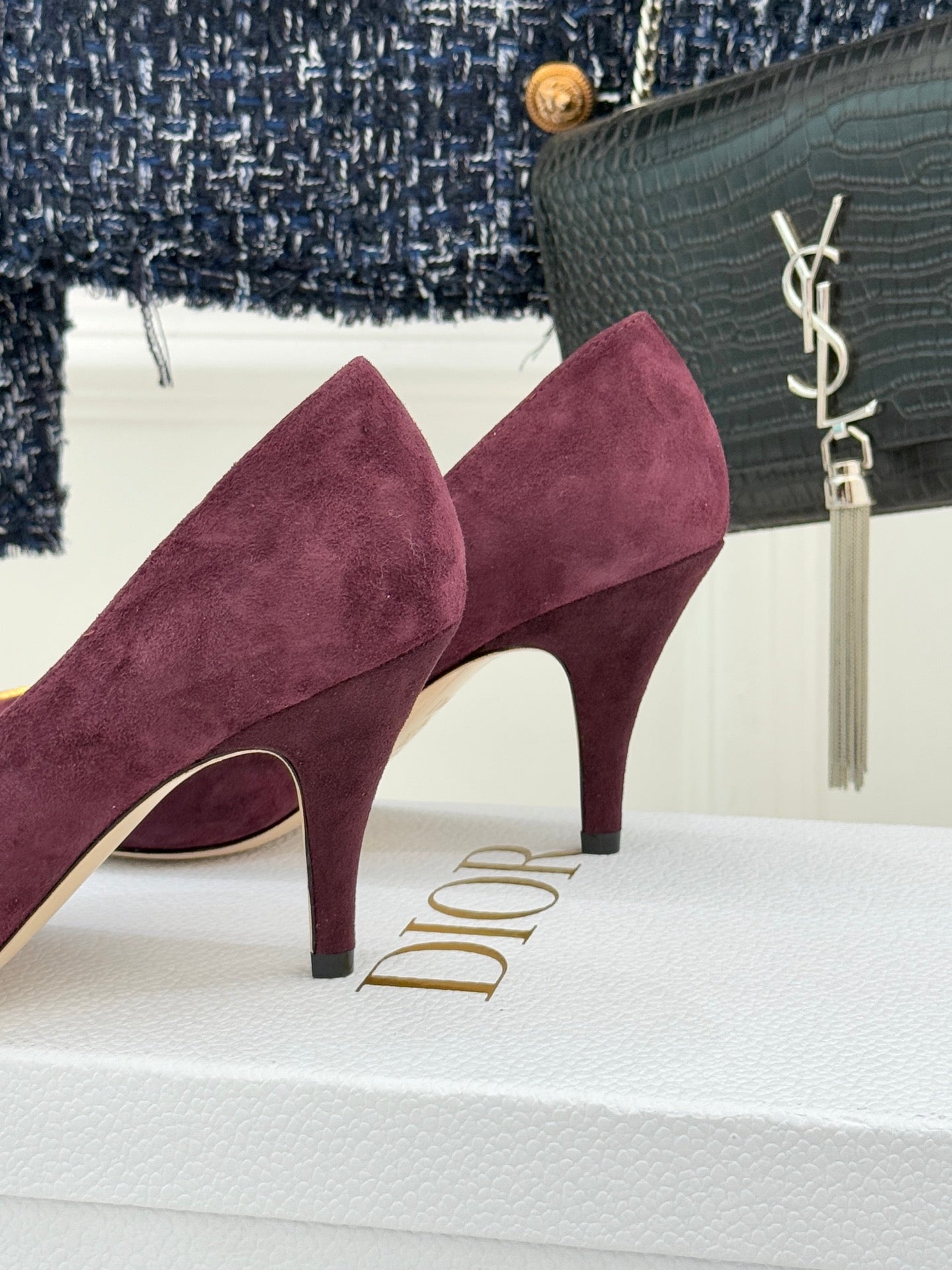 Dior ladies suede pumps, burgundy, suede finish, slim stiletto heel, gold logo accents