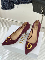 Dior ladies suede pumps with pointed toe and slim heel, burgundy, gold logo detail