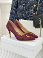Dior ladies suede pumps, pointed toe, slim heel, burgundy with gold logo hardware