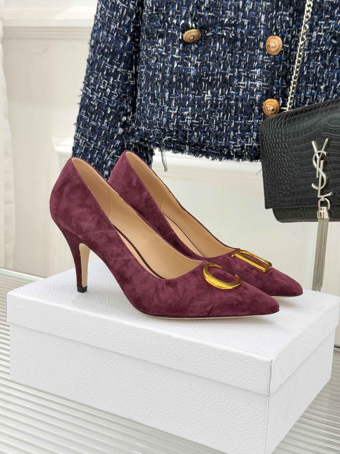 Dior ladies suede pumps, pointed toe, slim heel, burgundy with gold logo hardware