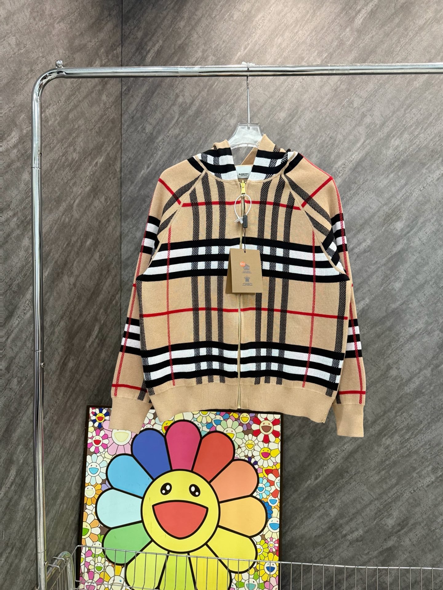 Beige plaid long-sleeve zip hoodie with hood and zipper closure