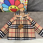 Beige plaid zip-up hoodie with hood, front zipper, and black striped trim