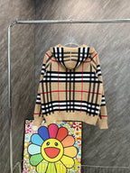 Beige plaid long-sleeve zip hoodie with hood and striped back panel