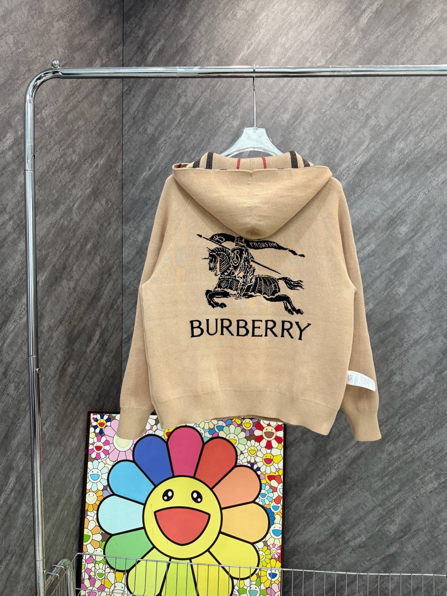 Beige long-sleeve zip hoodie with hood and Burberry logo graphic on back