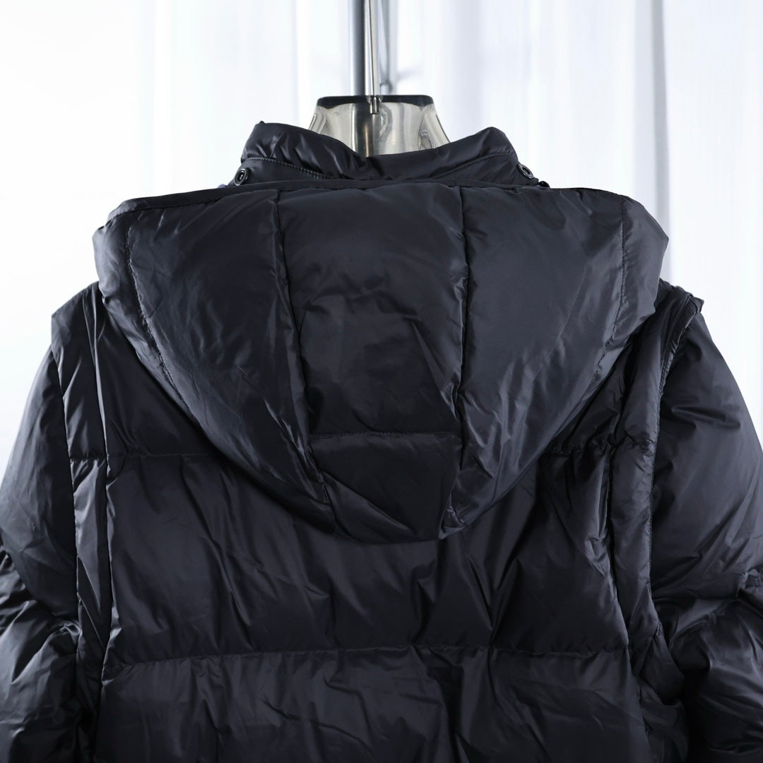 Moncler hooded puffer jacket back view with horizontal quilting