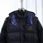 Moncler hooded puffer jacket with quilted front and blue chest pockets