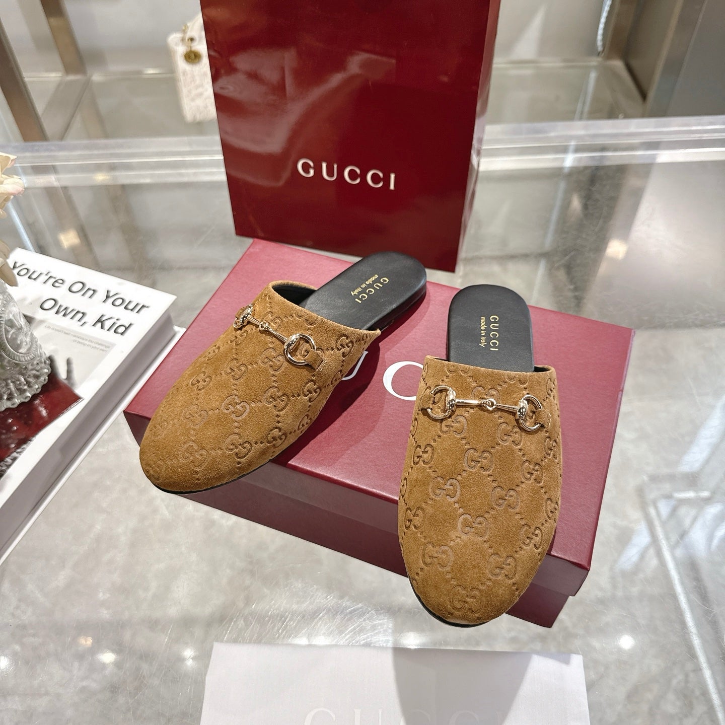 Gucci unisex GG-pattern mules with gold horsebit, tan uppers, pair on box