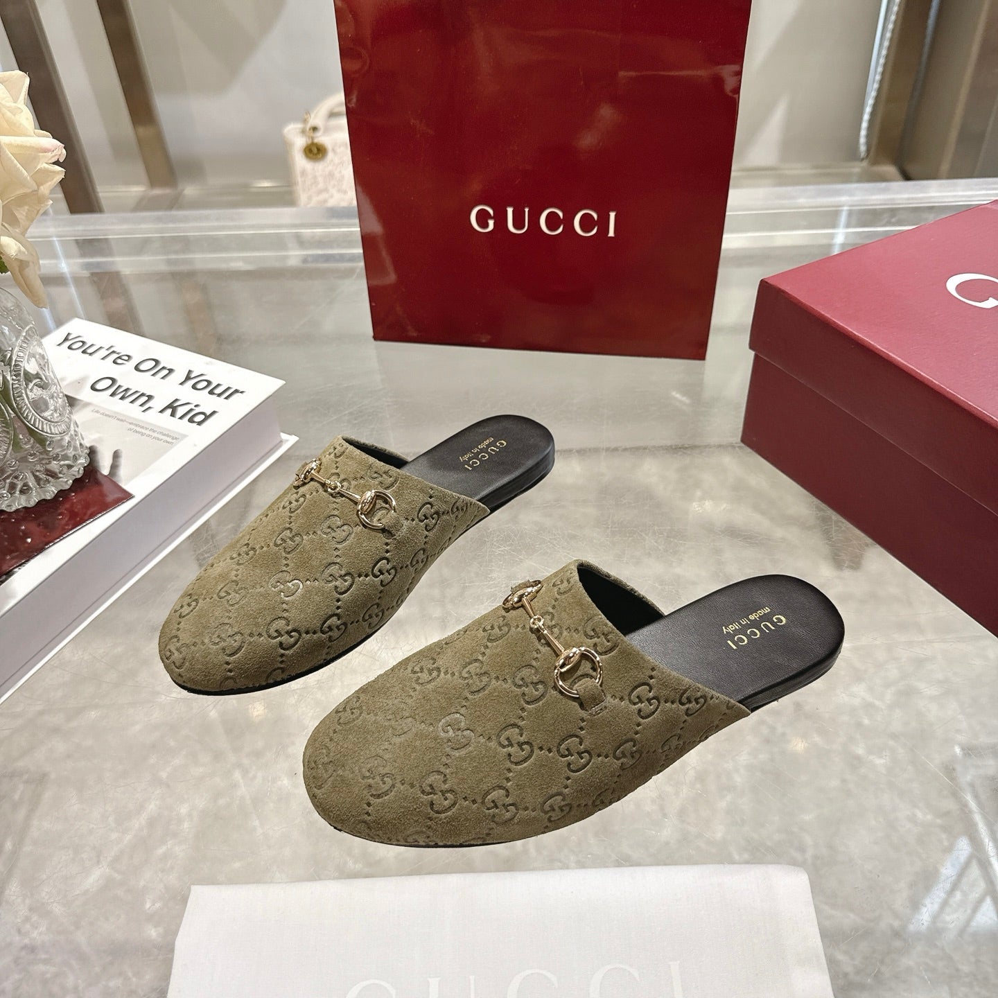 Gucci unisex loafers pair with GG monogram, olive fabric and gold horsebit
