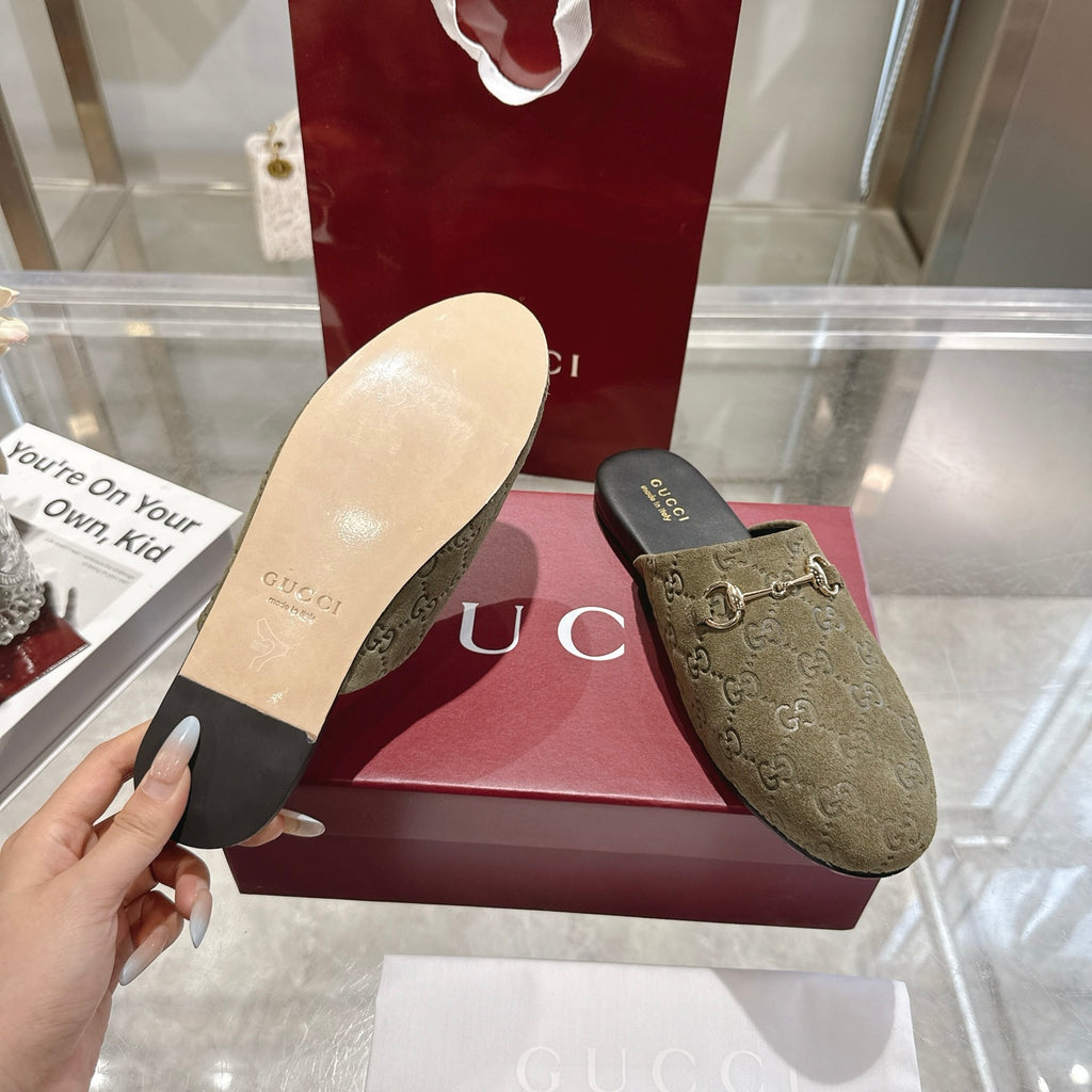 Gucci unisex loafer outsole and top with GG monogram, olive fabric and gold horsebit