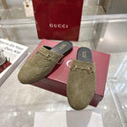 Gucci unisex loafers with GG monogram, olive fabric and gold horsebit; black footbeds