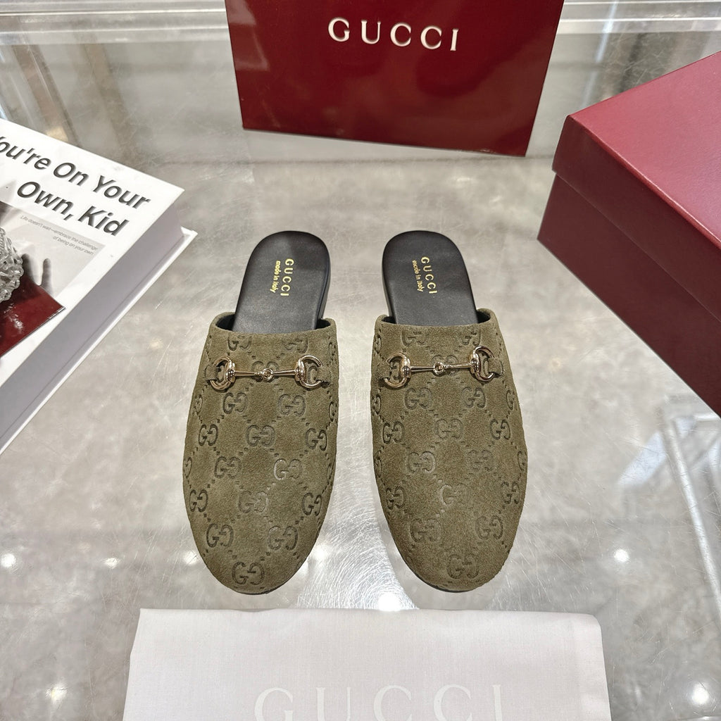 Gucci unisex loafers with GG monogram, olive fabric and gold horsebit detail