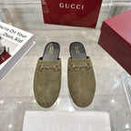 Gucci unisex loafers with GG monogram, olive fabric and gold horsebit detail