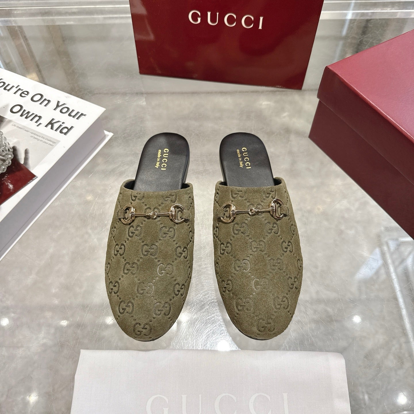 Gucci unisex loafers with GG monogram, olive fabric and gold horsebit detail