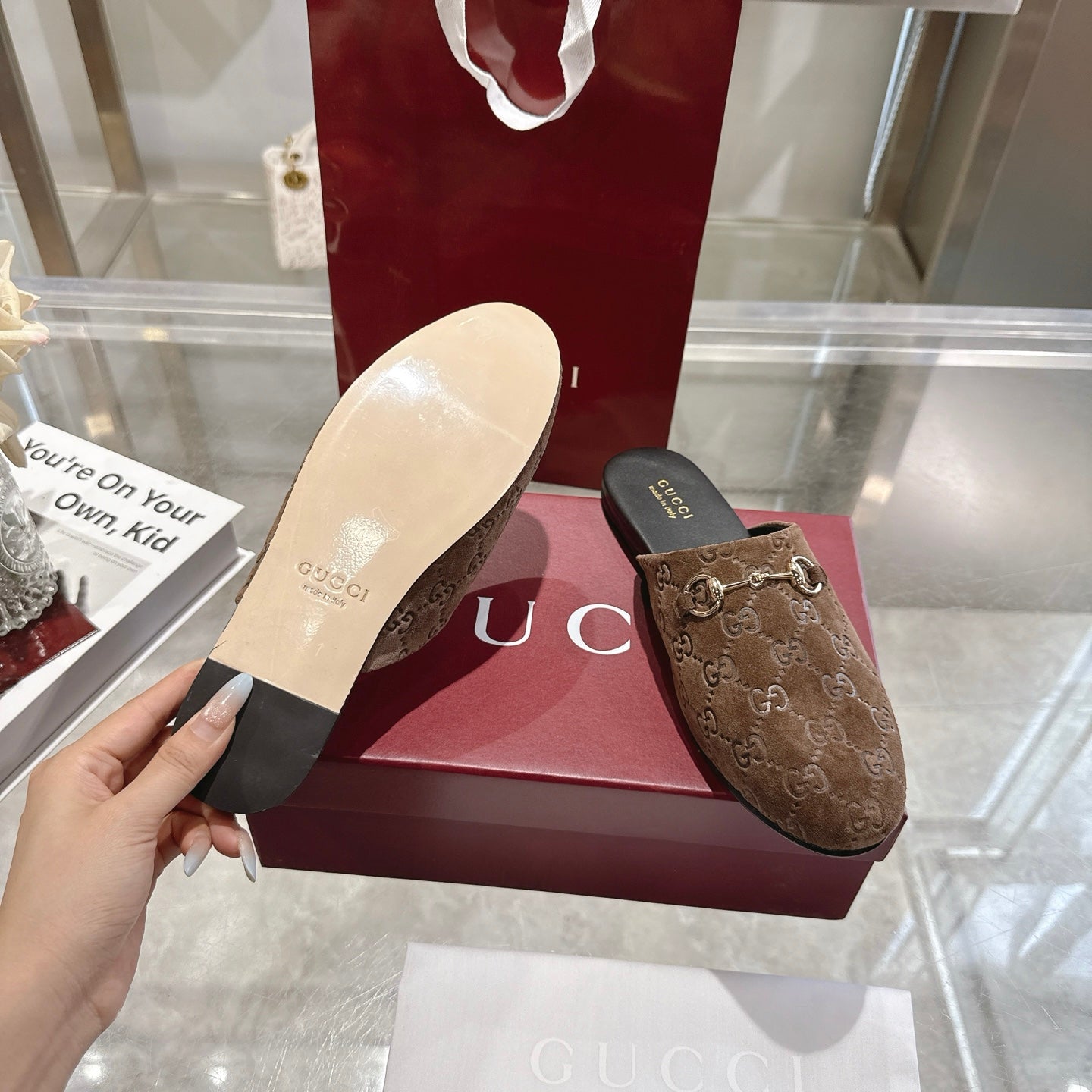 Gucci unisex mules with GG monogram upper and gold-tone horsebit, brown; tan sole