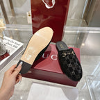 Gucci unisex mule slide outsole and upper, black GG fabric with gold horsebit