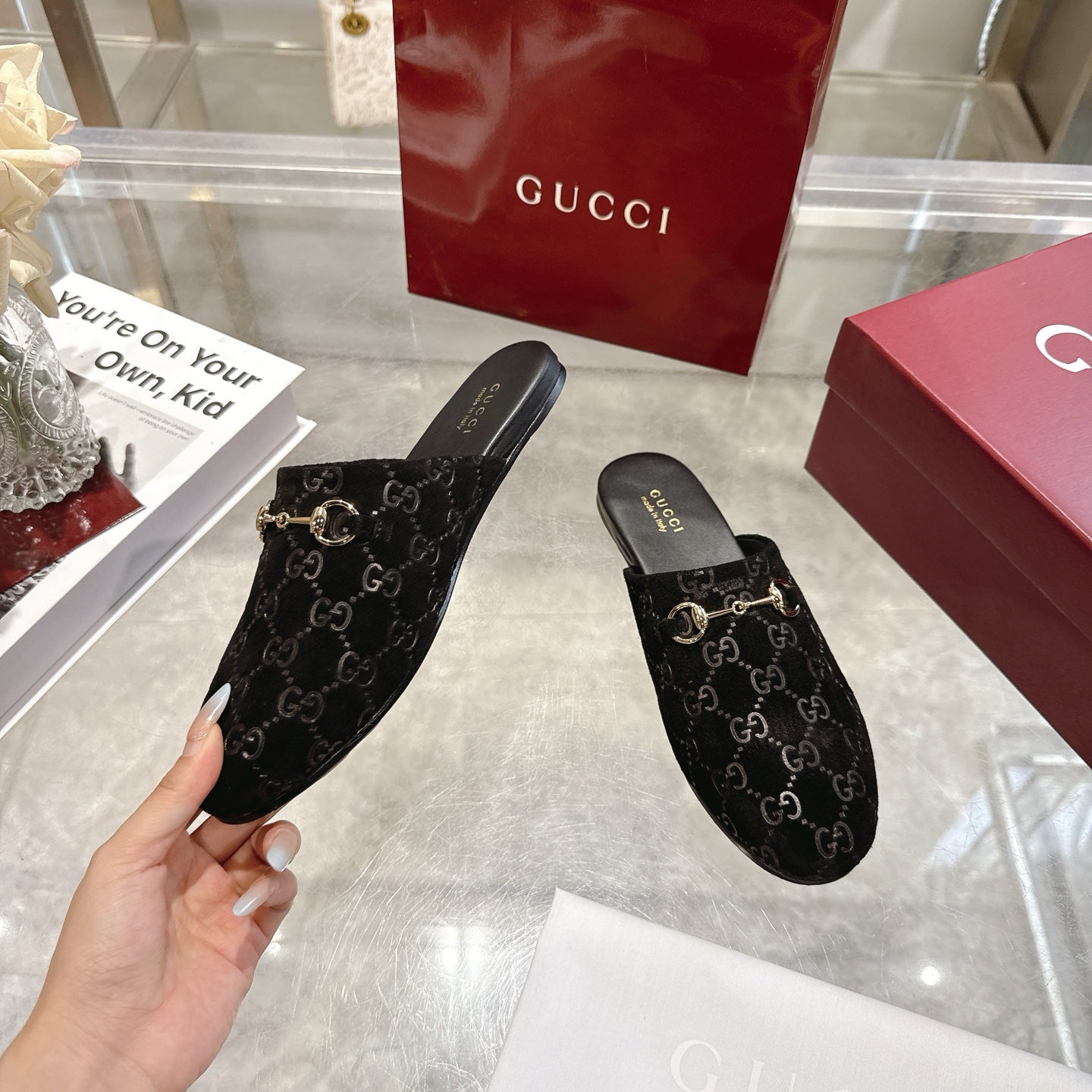 Gucci unisex mule slides set, black GG-print uppers with gold horsebit accents