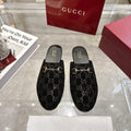 Gucci unisex GG-print mule slides with gold-tone horsebit detail, black velvet