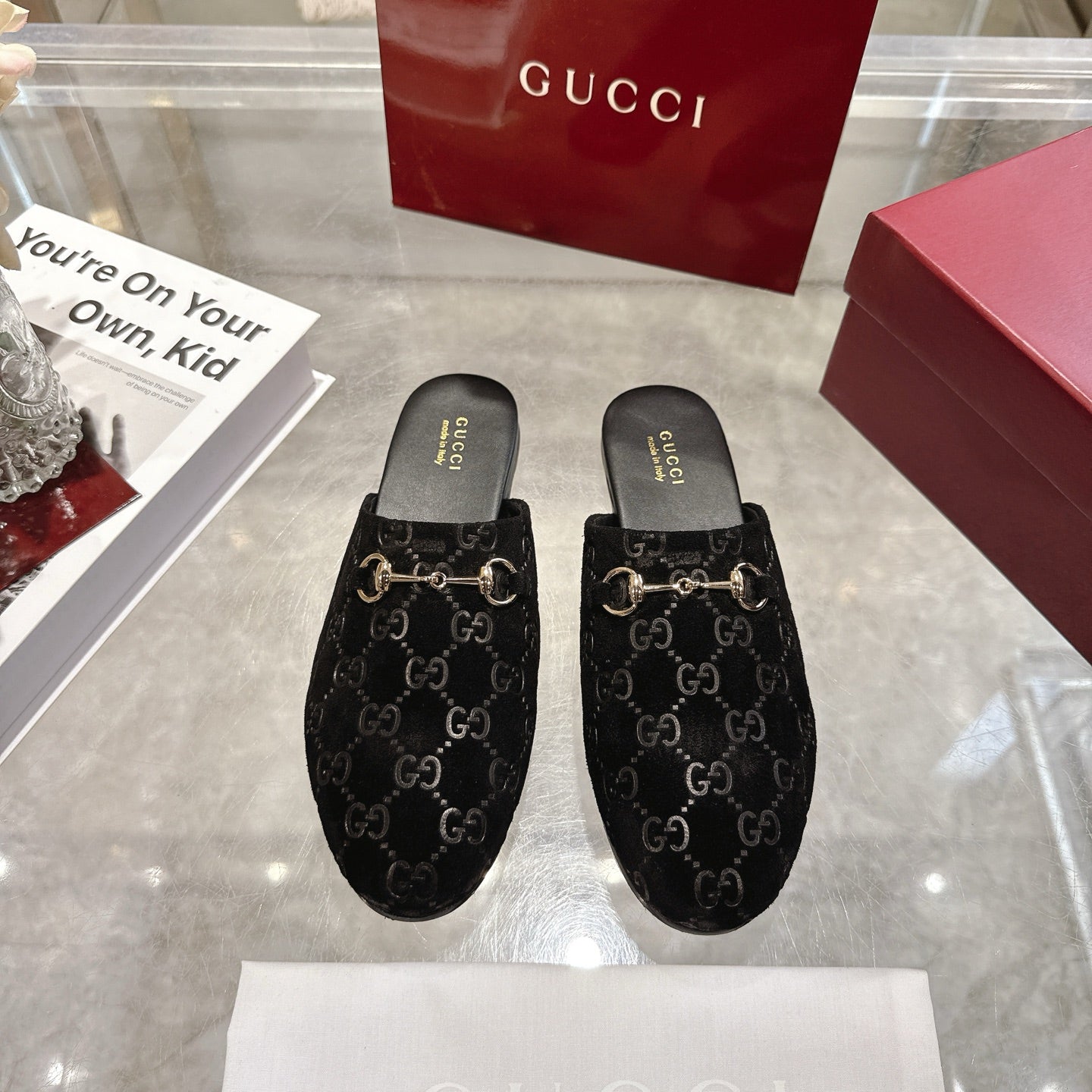Gucci unisex GG-print mule slides with gold-tone horsebit detail, black velvet