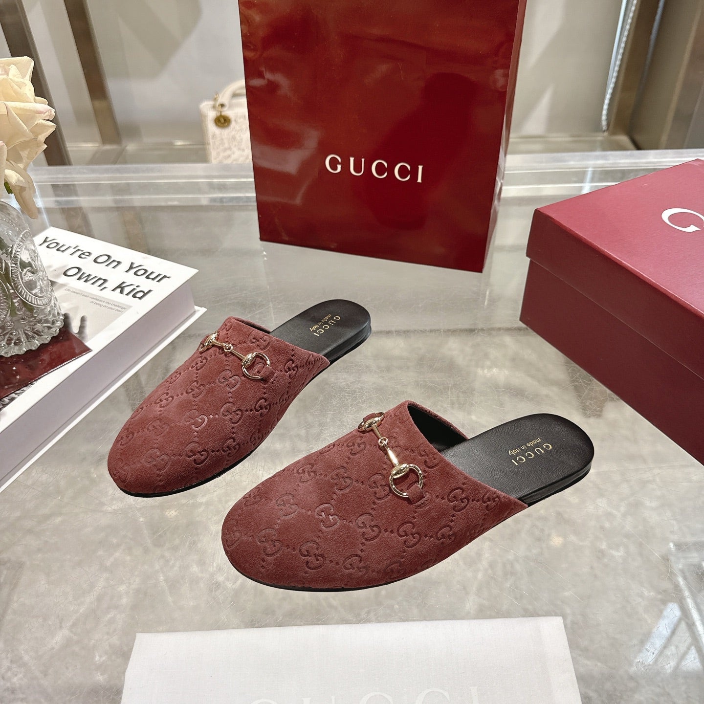 Gucci unisex luxury shoes, red-brown GG embossed mule with gold horsebit on black sole