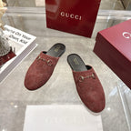 Gucci unisex luxury shoes, red-brown GG embossed slide mule with gold horsebit detail