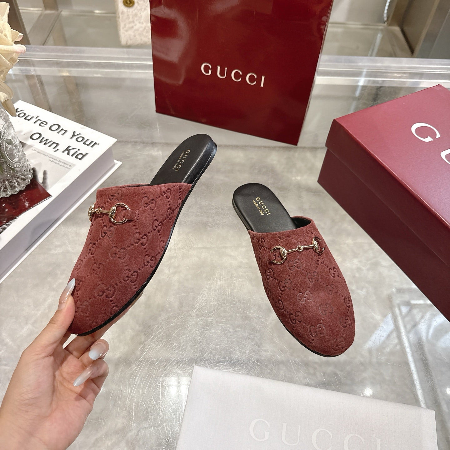Gucci unisex luxury shoes, red-brown GG embossed mules with gold horsebit and black insole