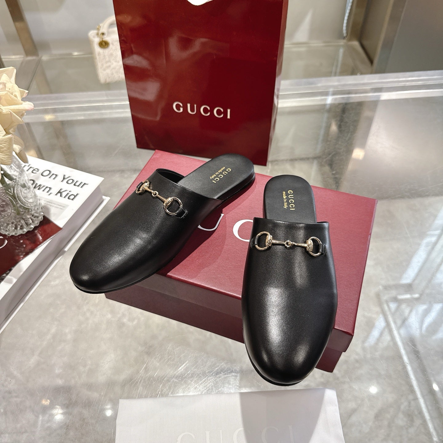 Gucci black leather horsebit mules, pair on box, slip-on with gold-tone hardware