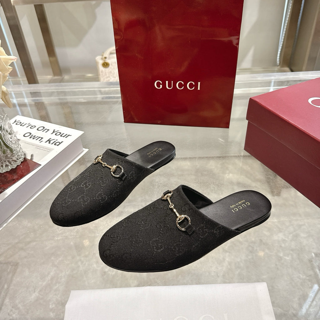 Gucci unisex loafers, dark monogram slip-on mules with gold horsebit hardware