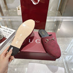 Gucci unisex horsebit mule slides in burgundy GG fabric, gold-tone bit, open view