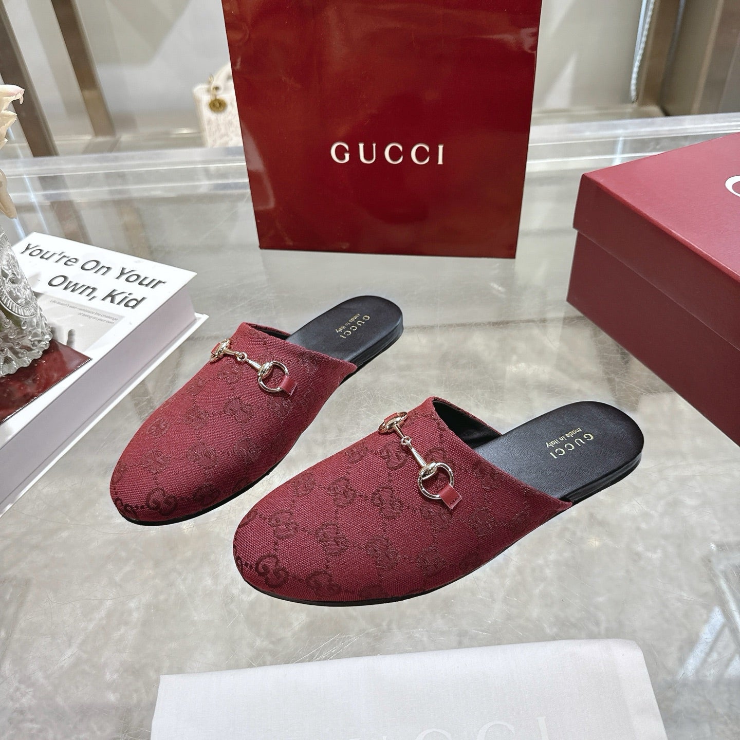 Gucci unisex mule slides in burgundy GG fabric, gold-tone horsebit on strap