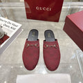 Gucci unisex horsebit slides in burgundy GG fabric, gold-tone bit detail