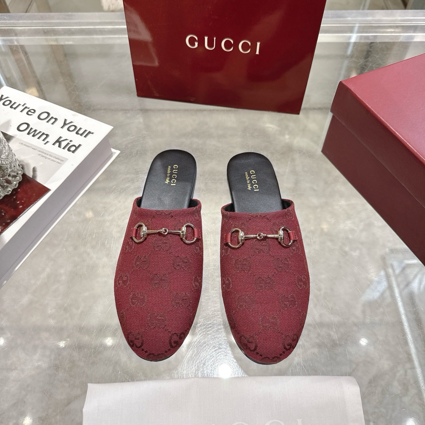 Gucci unisex horsebit slides in burgundy GG fabric, gold-tone bit detail