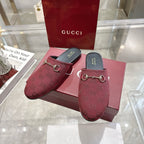 Pair of Gucci unisex horsebit slides with burgundy GG uppers and gold-tone hardware