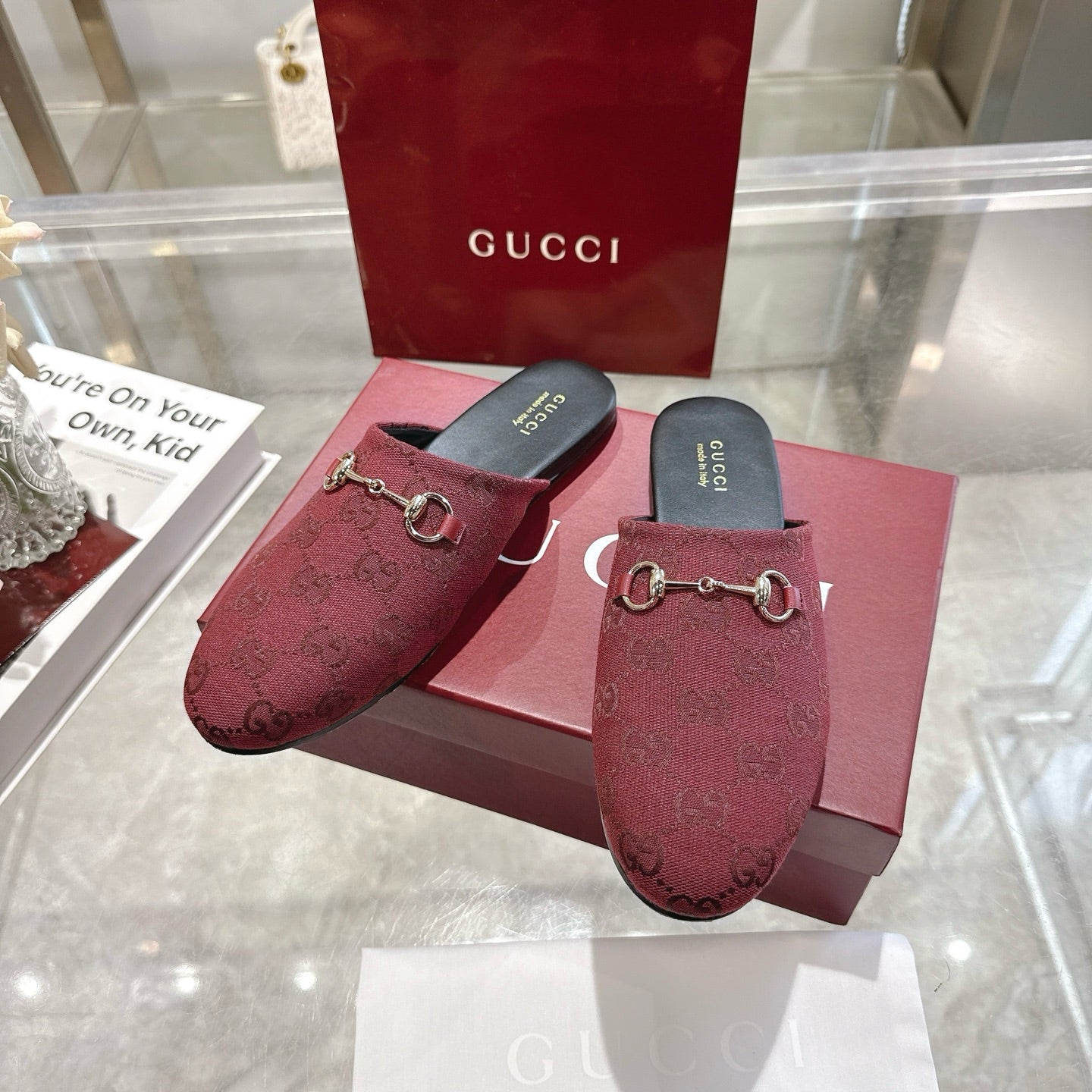 Pair of Gucci unisex horsebit slides with burgundy GG uppers and gold-tone hardware