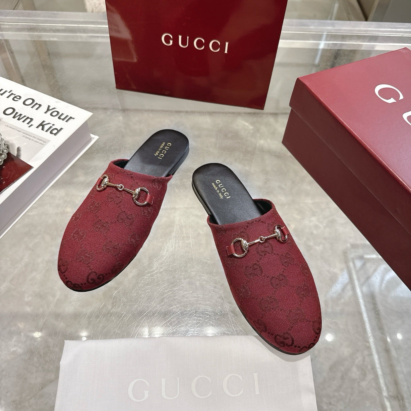 Gucci unisex horsebit slide shoes, burgundy GG upper with gold-tone horsebit