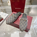 Gucci unisex GG monogram mule slides on pink box, gold-toned horsebit hardware