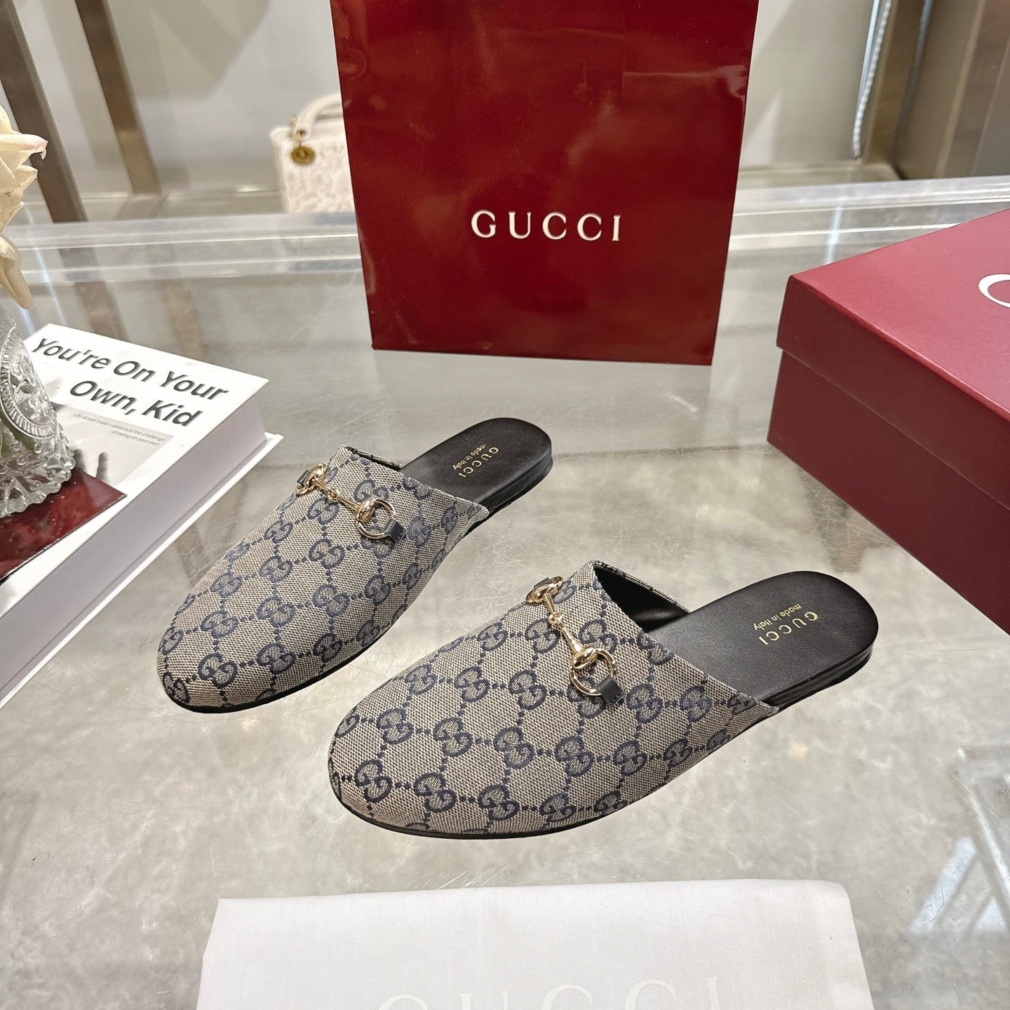 Gucci unisex GG monogram mule slides with gold-toned horsebit hardware, two pairs