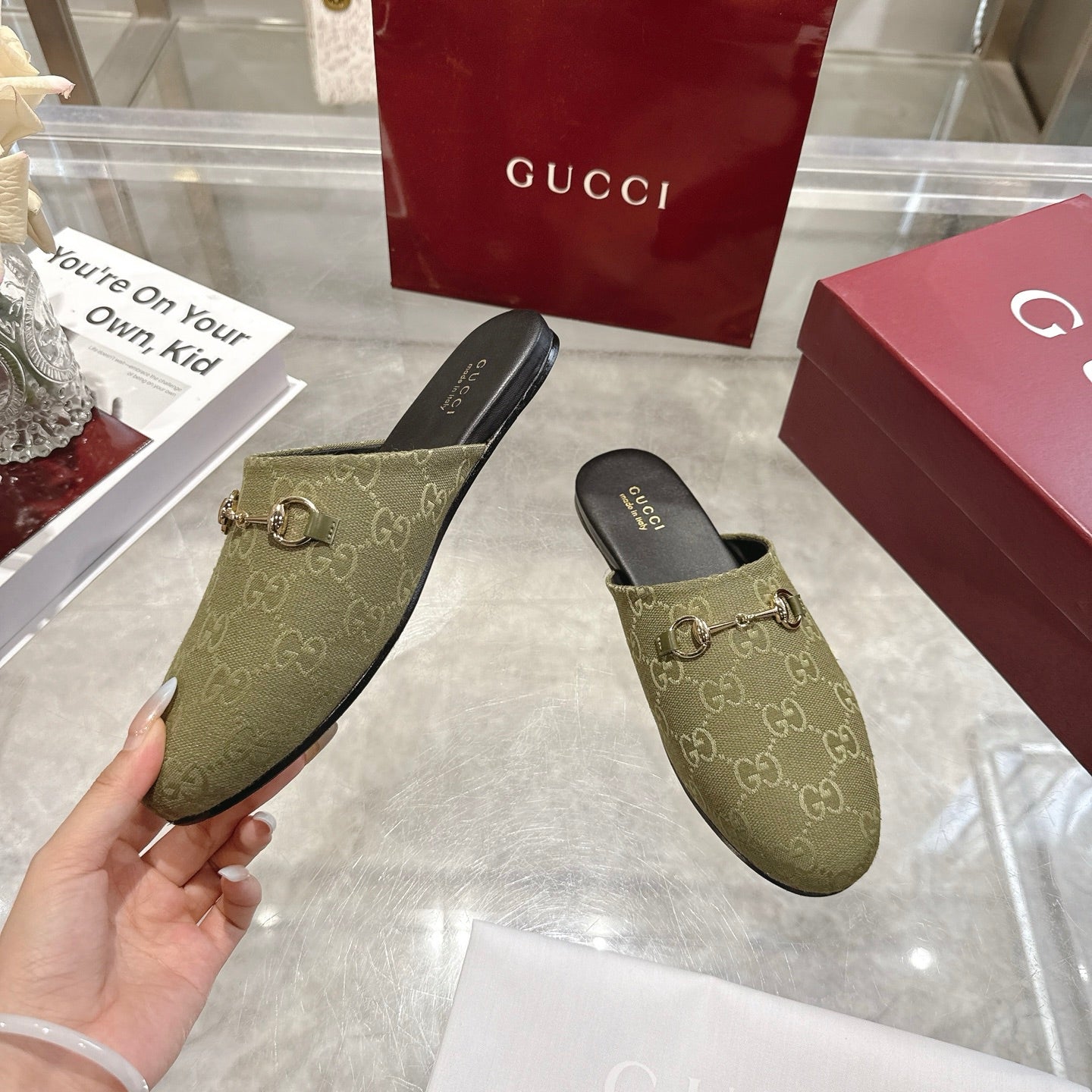 Gucci unisex GG canvas mule shoe, olive with gold horsebit and black insole