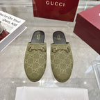 Gucci unisex GG canvas mules, olive with gold-tone horsebit on black slip-on footbed