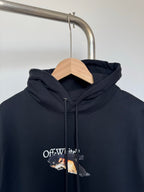 Black Off-White pullover hoodie with adjustable drawstrings and front graphic