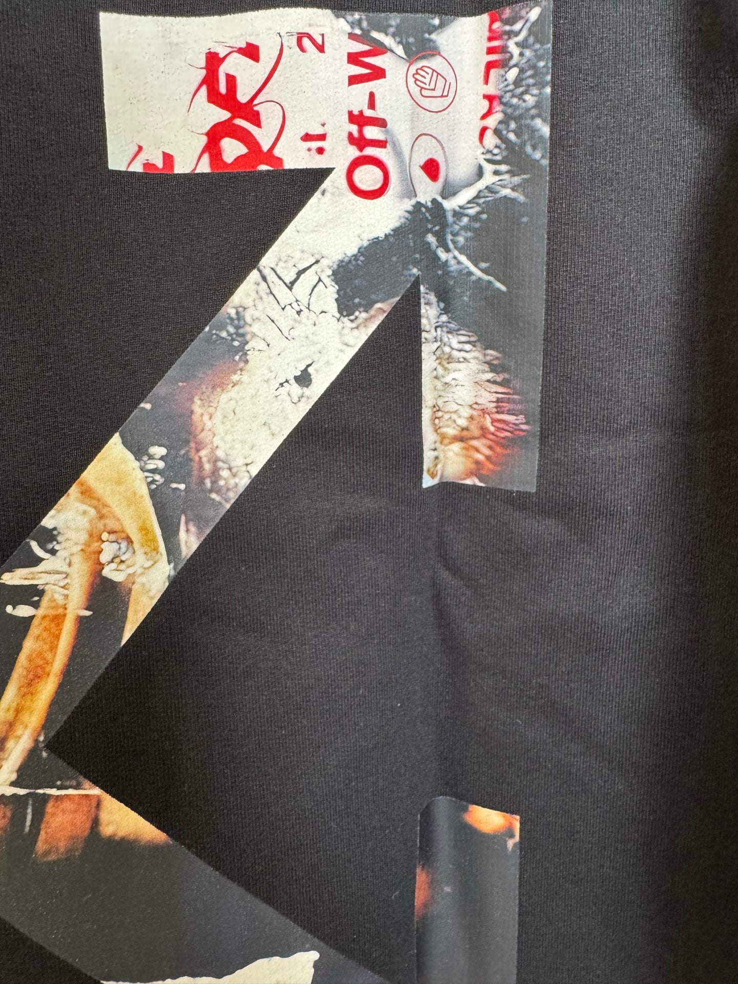 Off-White hoodie, black, close-up of Off-White text and graphic patches on print