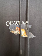 Off-White hoodie, black, close-up of drawstring with printed logo graphic