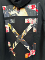 Off-White hoodie, black, close-up of hooded graphic artwork and red branding patches